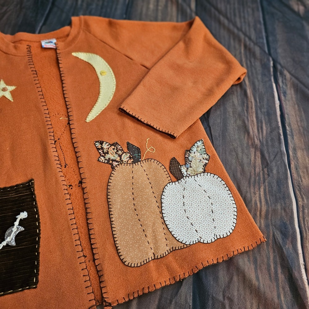 Vintage 1990s Handcrafted Pumpkin Patch Cardigan Sweatshirt Orange Folk Art Lg - Picture 4 of 14